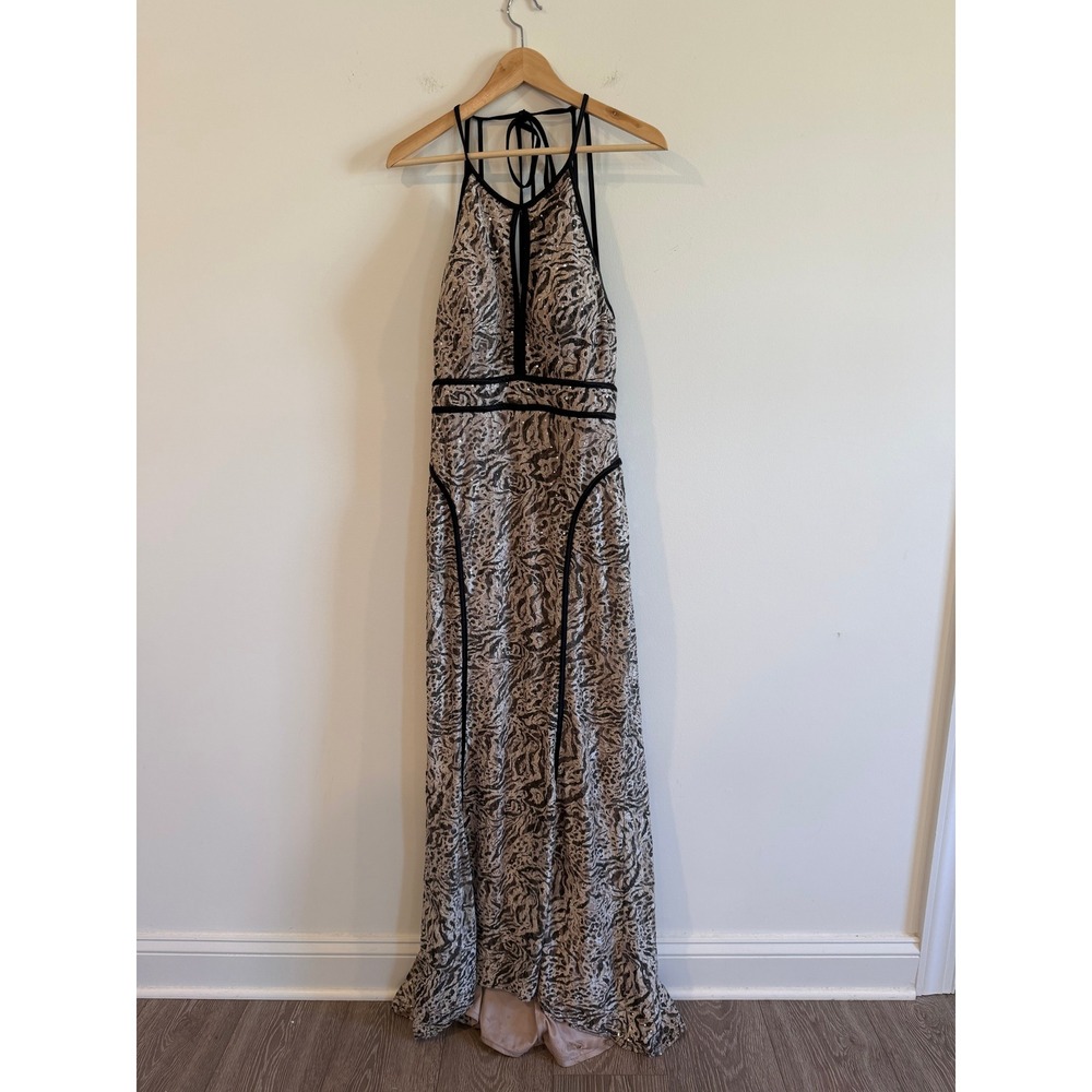 Y2K Xscape Metallic Animal Print Sequin Halter Maxi Dress Open Back Gown SZ 12